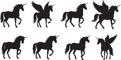 Set of 8 Unicorn Silhouettes – Mythological Magical Horse with Horn