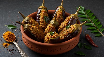 Delicious stuffed eggplant dish presented in a rustic clay bowl with vibrant spices and fresh herbs making it a culinary delight