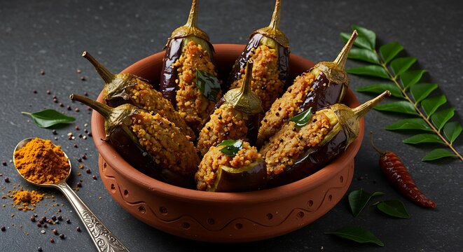 Delicious stuffed eggplant dish presented in a rustic clay bowl with vibrant spices and fresh herbs making it a culinary delight