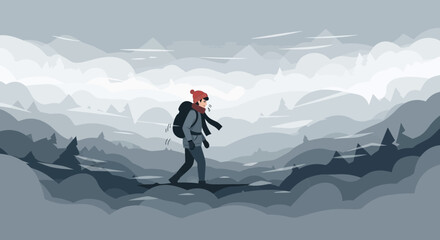 Obraz premium Adventures With Nature Hiker Silhouette Illustration On Foggy Mountain Landscape