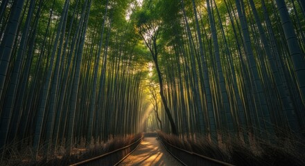 Fototapeta premium Sunlight filters through a dense bamboo forest