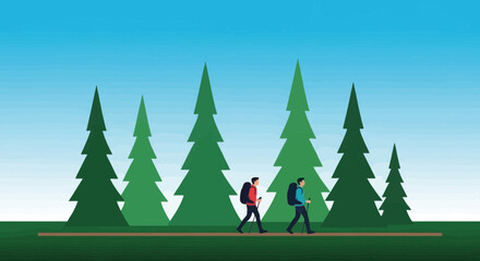 Obraz premium Adventurous Couple Hiking Through A Pine Forest Underneath A Clear Blue Sky