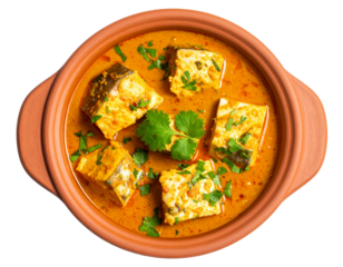 Top-Down Flat Lay of Fish Curry in Clay Pot with Fresh Cilantro Garnish, Isolated
