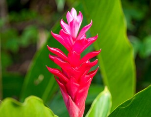 Vibrant pink and red flower with layered, pointed petals against a backdrop of lush green foliage