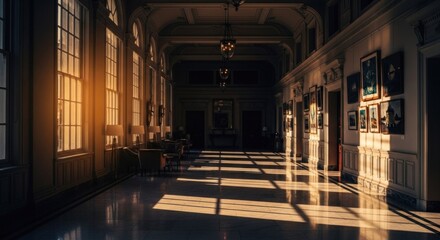 Sunlit, ornate hallway in a grand building