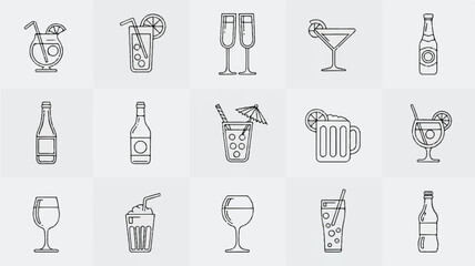 Monochrome line art illustration showcases an assortment of refreshing drinks including cocktails champagne beer wine and sodas ideal for menus or bar decor showcasing diverse beverages