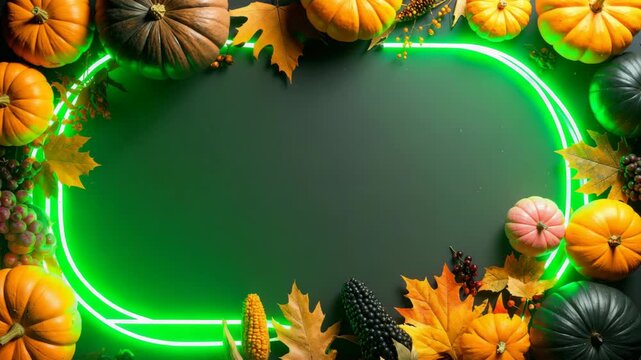 Autumn composition made of pumpkins, corn, grapes, and leaves as a vibrant neon thanksgiving frame.