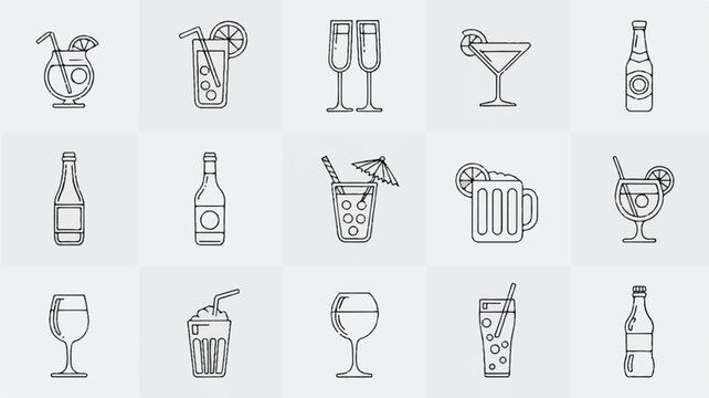 Monochrome line art illustration showcases an assortment of refreshing drinks including cocktails champagne beer wine and sodas ideal for menus or bar decor showcasing diverse beverages
