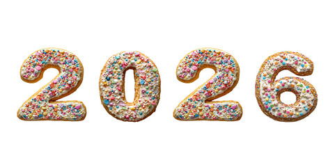 Numbers 2026. png cookie numbers with cream and cholate art alphabet, transparent background
