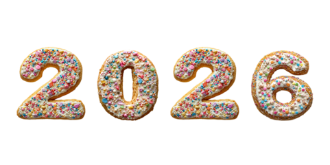 Numbers 2026. png cookie numbers with cream and cholate art alphabet, transparent background