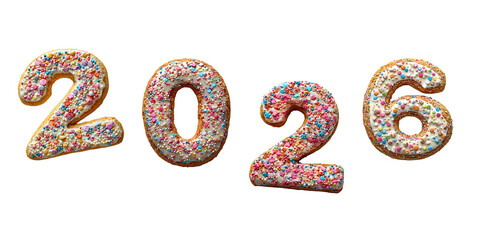 Numbers 2026. png cookie numbers with cream and cholate art alphabet, transparent background