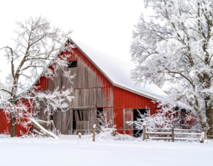 Abandoned Red Barn in Snowy Winter Landscape