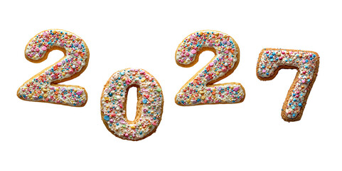 Numbers 2027. png cookie numbers with cream and cholate art alphabet, transparent background
