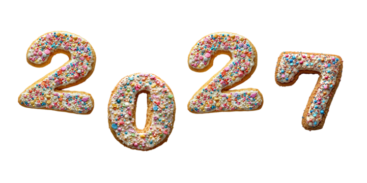 Numbers 2027. png cookie numbers with cream and cholate art alphabet, transparent background