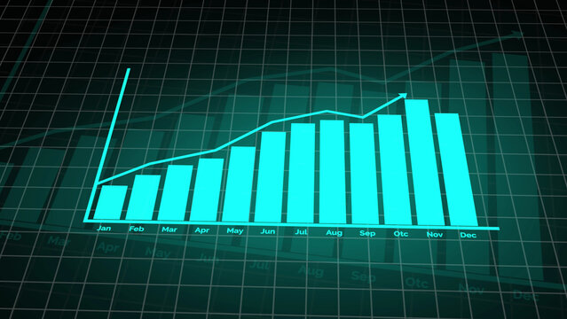Cyan bar chart and line graph with detailed grid background