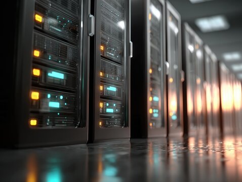 Row of server racks in a modern data center - Powered by Adobe