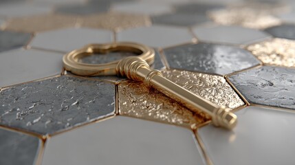 Golden key on a honeycomb tile floor