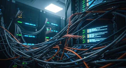 Tangled network cables in a server room. Densely packed servers and wiring fill the image