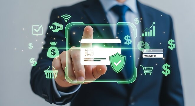 Secure Digital Payment Businessman Interacting with Virtual Credit Card Icons, Online Security Concept