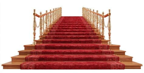 Red carpet stairs, ornate railing, perspective