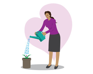 Vector illustration design of a woman watering a newly sprouted plant in a pot.