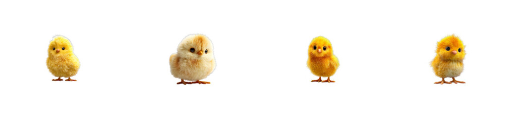 Obraz premium Four Fluffy Yellow Chicks Standing and Looking, cut out transparent