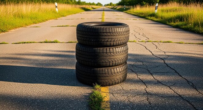 Three tires stacked on a deserted road.  Sunlight casts shadows on asphalt.  Tall grass alongside the highway