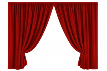 Elegant red stage curtains parting against transparent backdrop, suggesting imminent theatrical performance