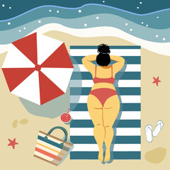 Woman relaxing on beach towel with umbrella and sea view &ndash; summer vacation illustration