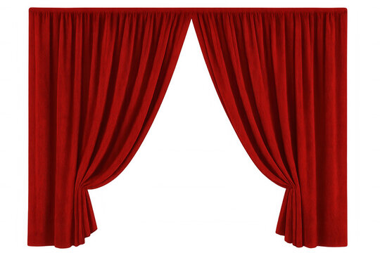 Elegant red stage curtains parting against transparent backdrop, suggesting imminent theatrical performance