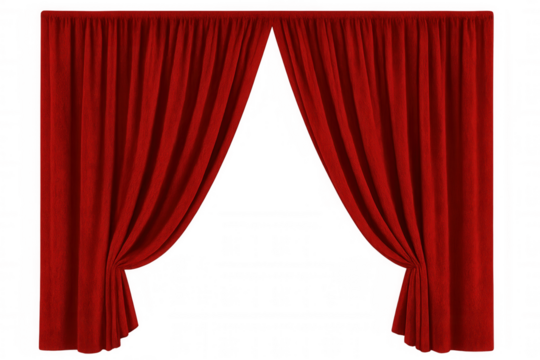Elegant red stage curtains parting against transparent backdrop, suggesting imminent theatrical performance