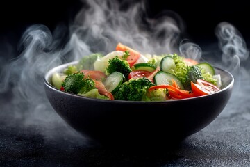 Close-up of steaming fresh salad in a dark bowl with broccoli and cucumber healthy food