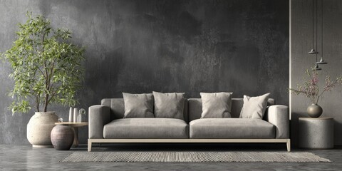 Modern minimalist living room with a gray sofa, textured dark gray walls, and potted plants