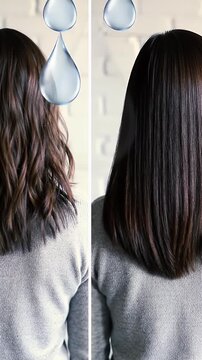 Split Screen Comparison of Woman's Medium Brunette Hair Before and After Treatment:  Dry Wavy Hair Transforms to Smooth Straight Hair with Animated Water Droplet Graphic Stock Video Footage