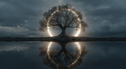 Yggdrasil, the tree of life, with a pick moon in the background and a water reflection, sunset, sky, sun, water, sea, sunrise, nature, landscape, clouds, cloud, ocean, beach, reflection, orange, lake,