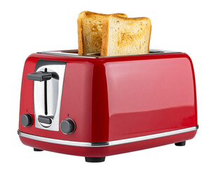 Modern Red Toaster with Toast Popping Up, Angled View, Transparent Background PNG