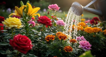 Obraz premium Watering colorful flowers in a garden bed. Sunlight streams down on a metal watering can pouring water onto vibrant roses, lilies, and marigolds