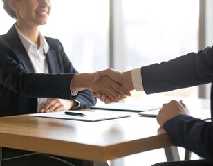 Business handshake at a table