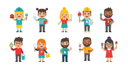 Diverse set of smiling cartoon people holding various items, perfect for website avatars and illustrations