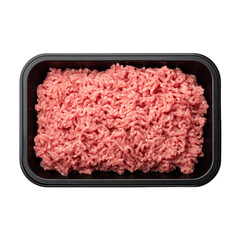 Raw Minced Meat in a Black Plastic Tray Isolated on Transparent Background