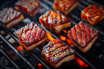Cubes of Glazed Pork Belly Grilling Over Fiery Embers barbecue meat
