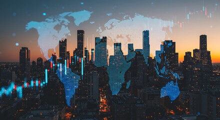 Global Financial Data Overlayed on Cityscape at Dusk, Illustrating Market Trends