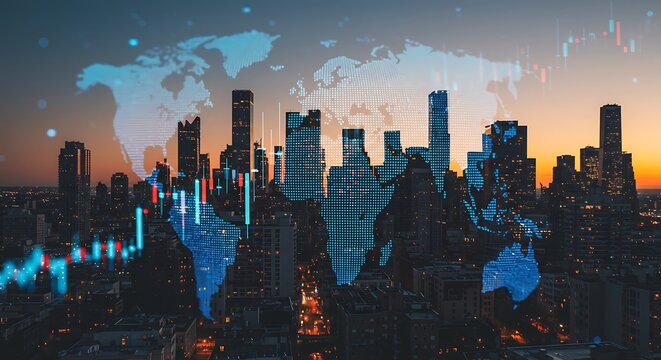 Global Financial Data Overlayed on Cityscape at Dusk, Illustrating Market Trends