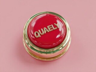 Round, glossy red button with gold trim, displaying "QUAELY" on a pink background