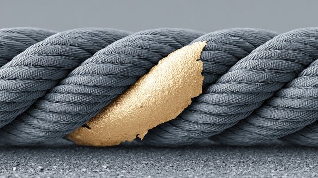 Close-up of a section of gray rope, with a gold-toned, leaf-like object nestled within its strands