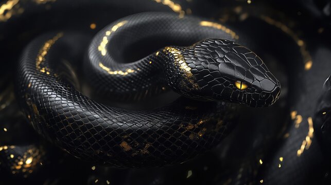 black snake adorned with golden accents. The close-up showcases the reptile's intricate scales and intense gaze.
