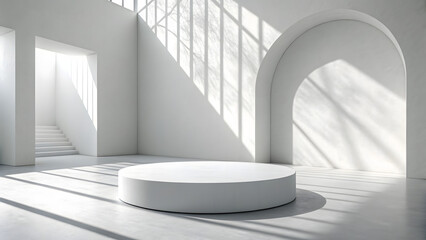 Minimalist white room with circular podium and arched doorway bathed in sunlight