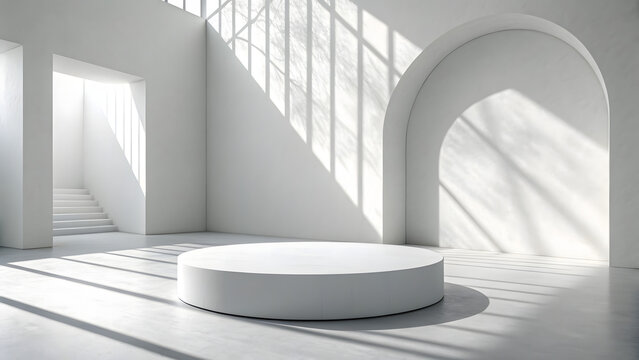 Minimalist white room with circular podium and arched doorway bathed in sunlight - Powered by Adobe