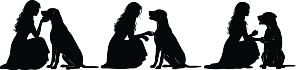 Woman sitting with dog silhouette, pet training, loving bond, friendship, animal care, loyalty, trust, black silhouette, companionship, outdoor scene