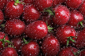 Close-up of many red, water-droplet-covered cherry tomatoes